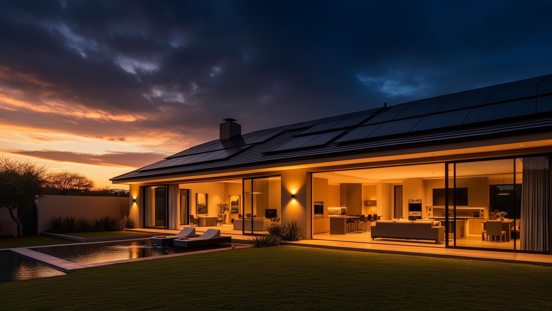 Modern home with solar panels at sunset